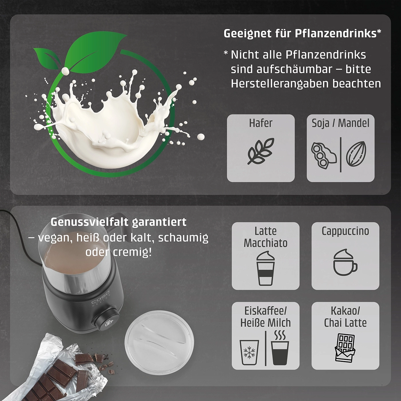 Milchaufschäumer mit Optionen für Getränke wie Latte Macchiato und Cappuccino.