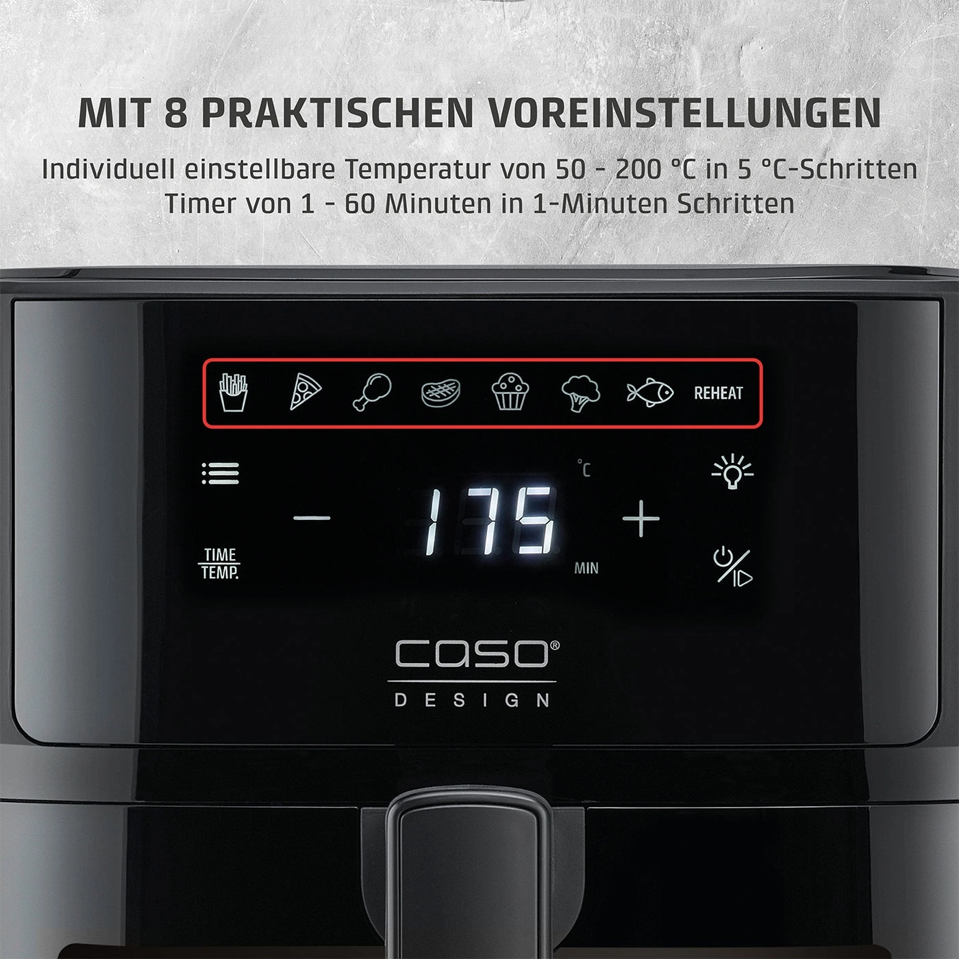 Ein Airfryer mit digitalem Display, das 175 Grad Celsius anzeigt.