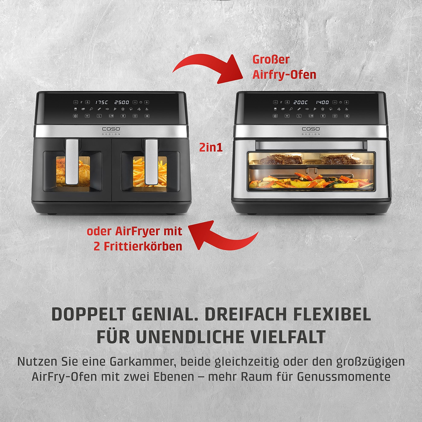 Doppel-Heißluftfritteuse und großer Airfry-Ofen mit zwei Ebenen