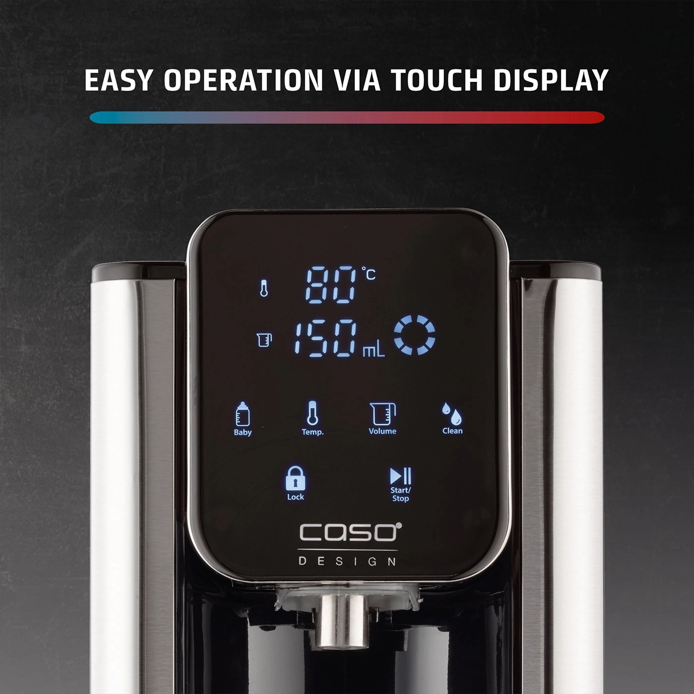 A close-up of a digital water dispenser's touch screen interface with temperature and volume settings.