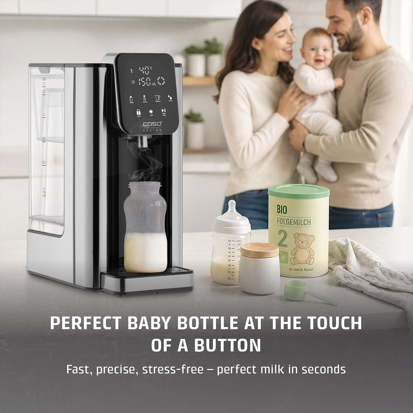 A family preparing a baby bottle with a device.