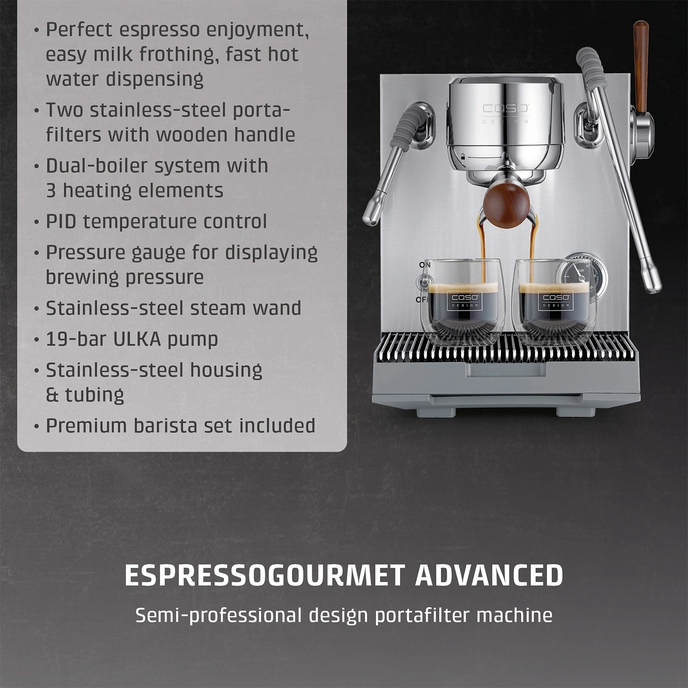 An espresso machine with two glasses of coffee.