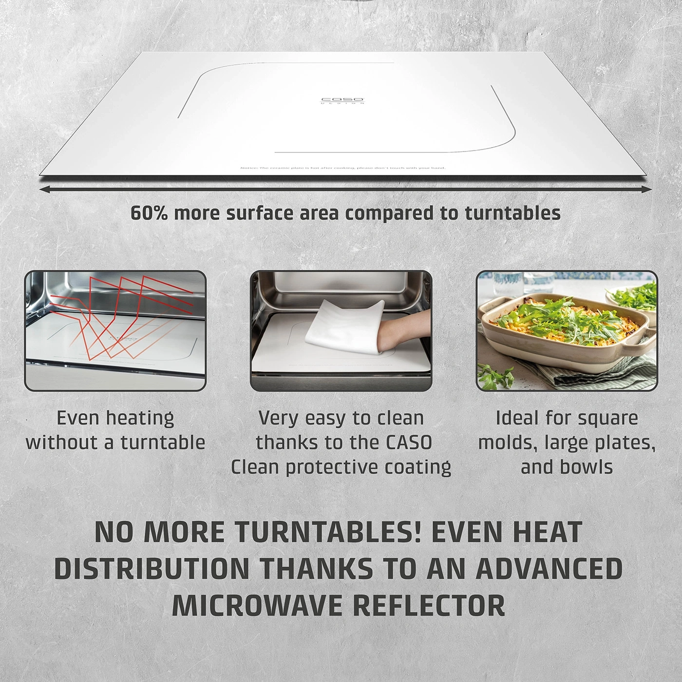 Microwave with large surface, even heating, and easy cleaning, ideal for dishes.