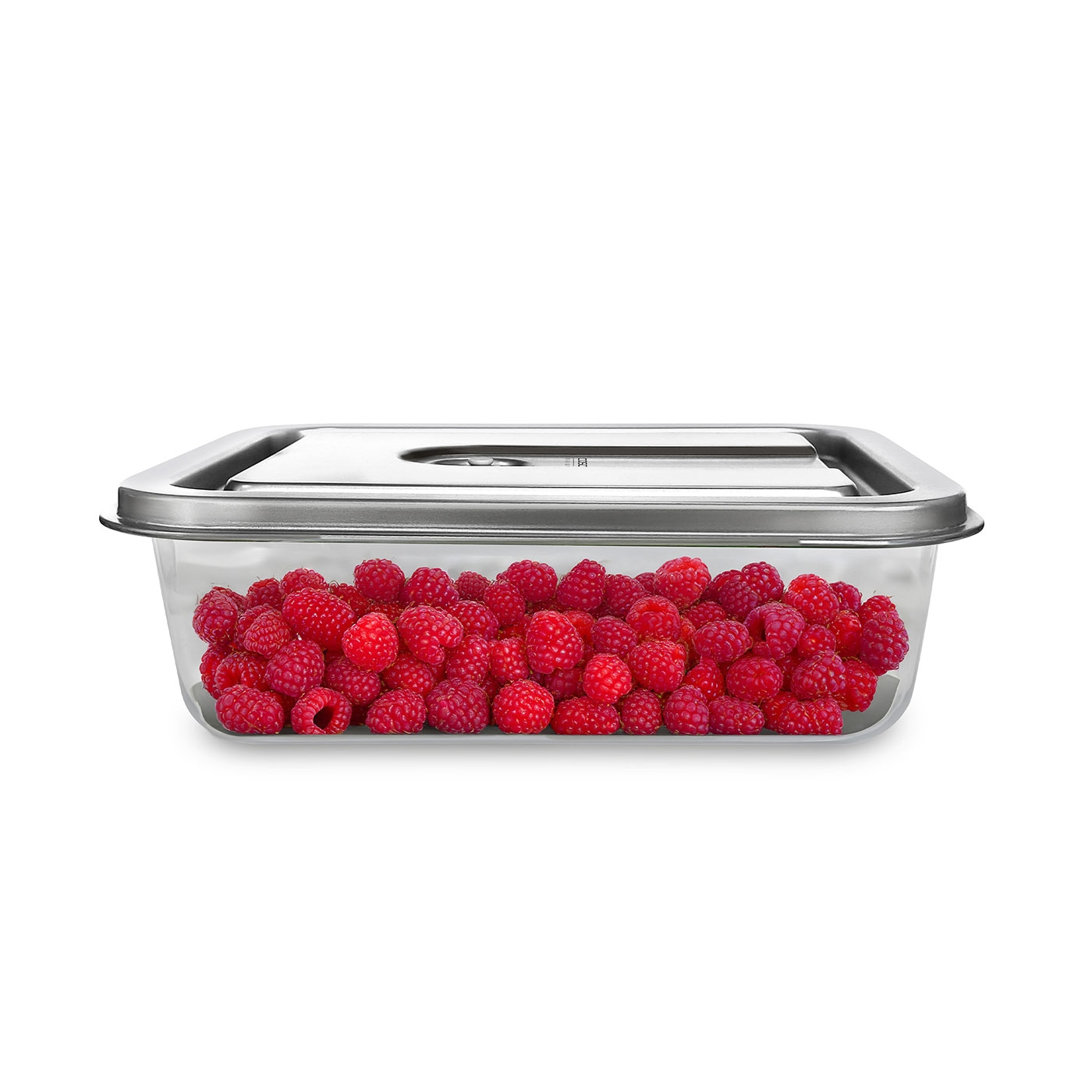 Container of raspberries. Stainless steel lid. Transparent container. Red fruits.