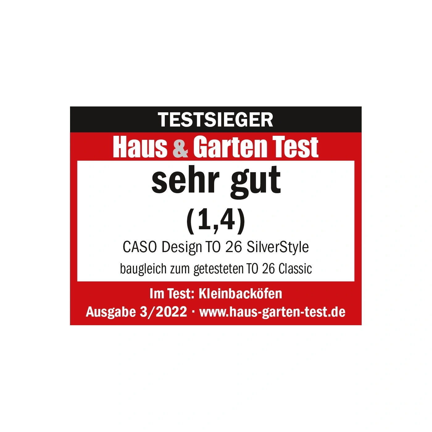 Testsieger Haus & Garten Test, sehr gut (1,4), CASO Design TO 26 SilverStyle, Ausgabe 3/2022