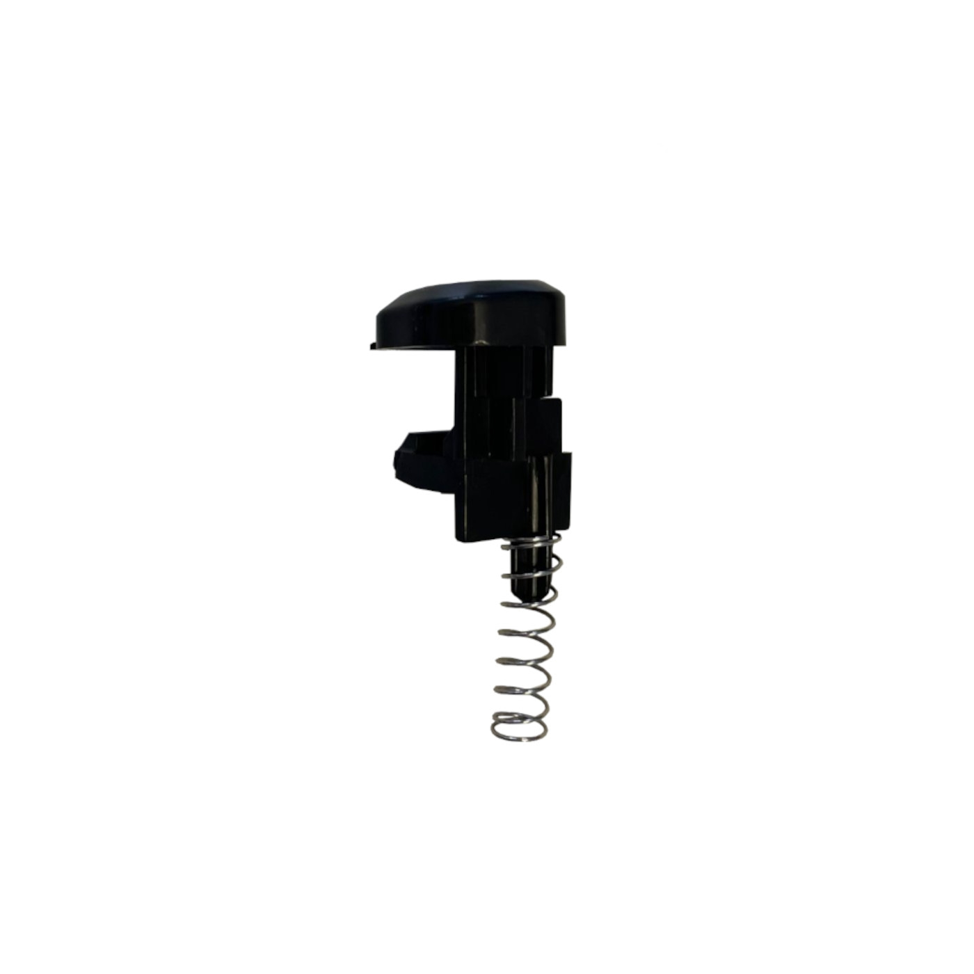 Black plastic part with spring, isolated on white background