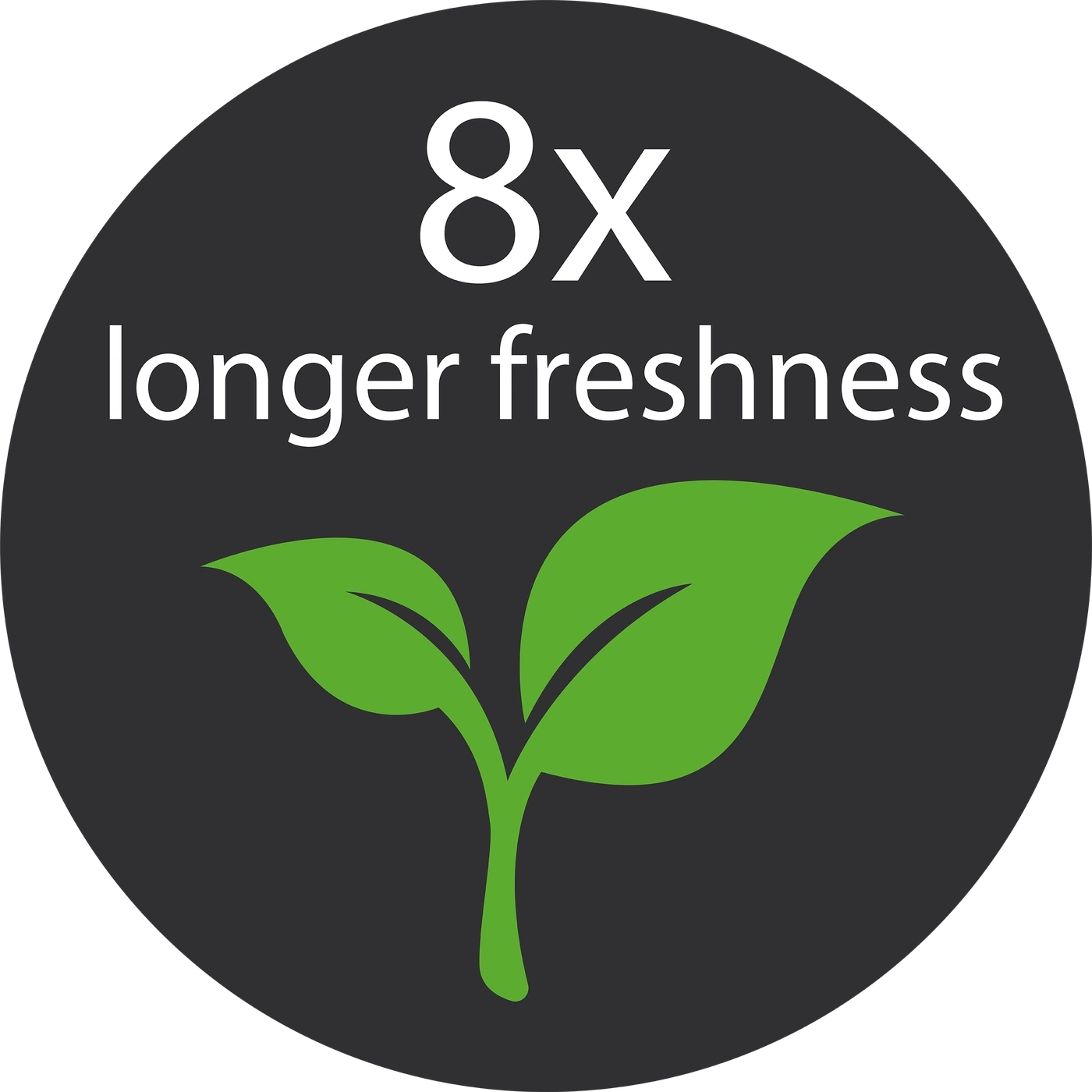 Circle with text and plant: 8x longer freshness, green leaf, dark background