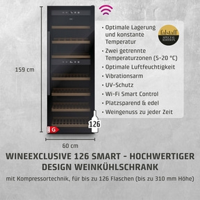 Weinkühlschrank mit 126 Flaschen, Smart-Funktion, 159 cm hoch, 60 cm breit, schwarz.
