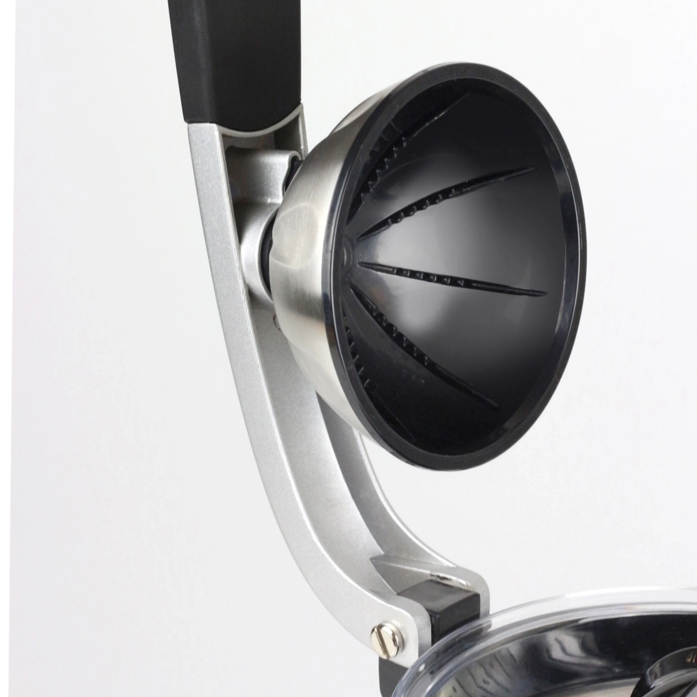 Close-up of a lemon squeezer with a black funnel and a silver frame