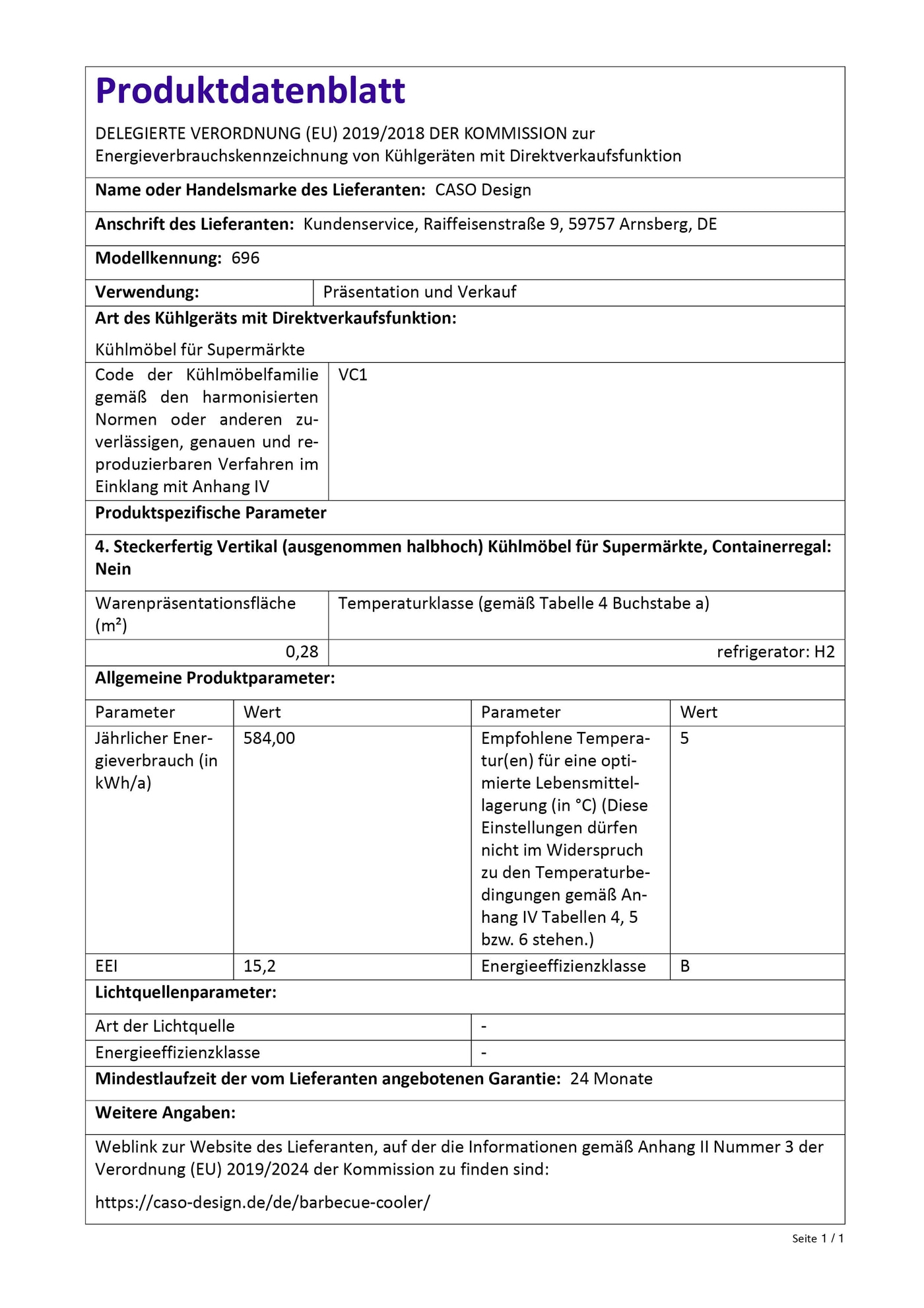 Produkt-Datenblatt: Kühlmöbel, Energieeffizienz, Temperatur, Herstellerinformationen, Modellnummer.