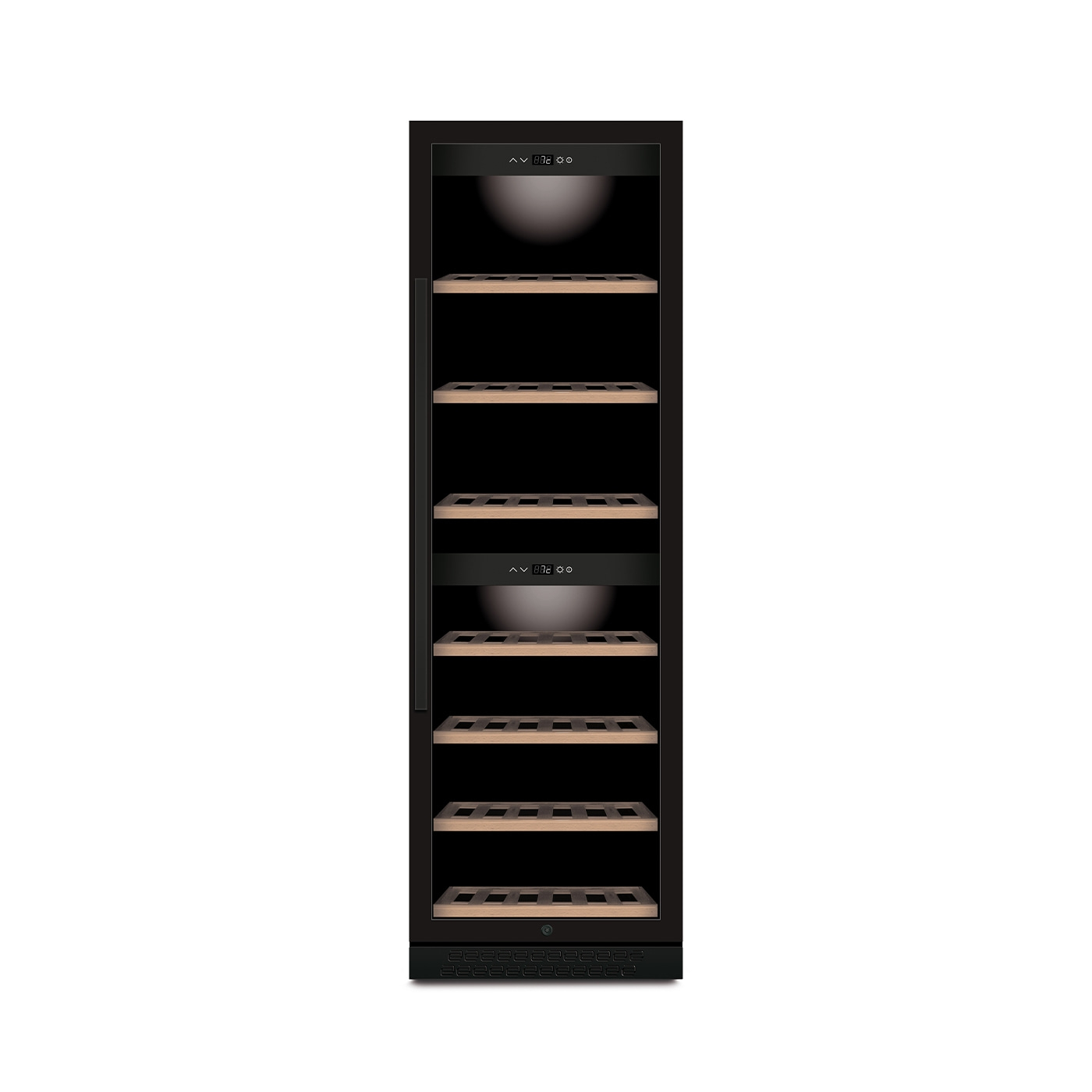 Weinkühlschrank mit Holzregalen und digitaler Anzeige, schwarz