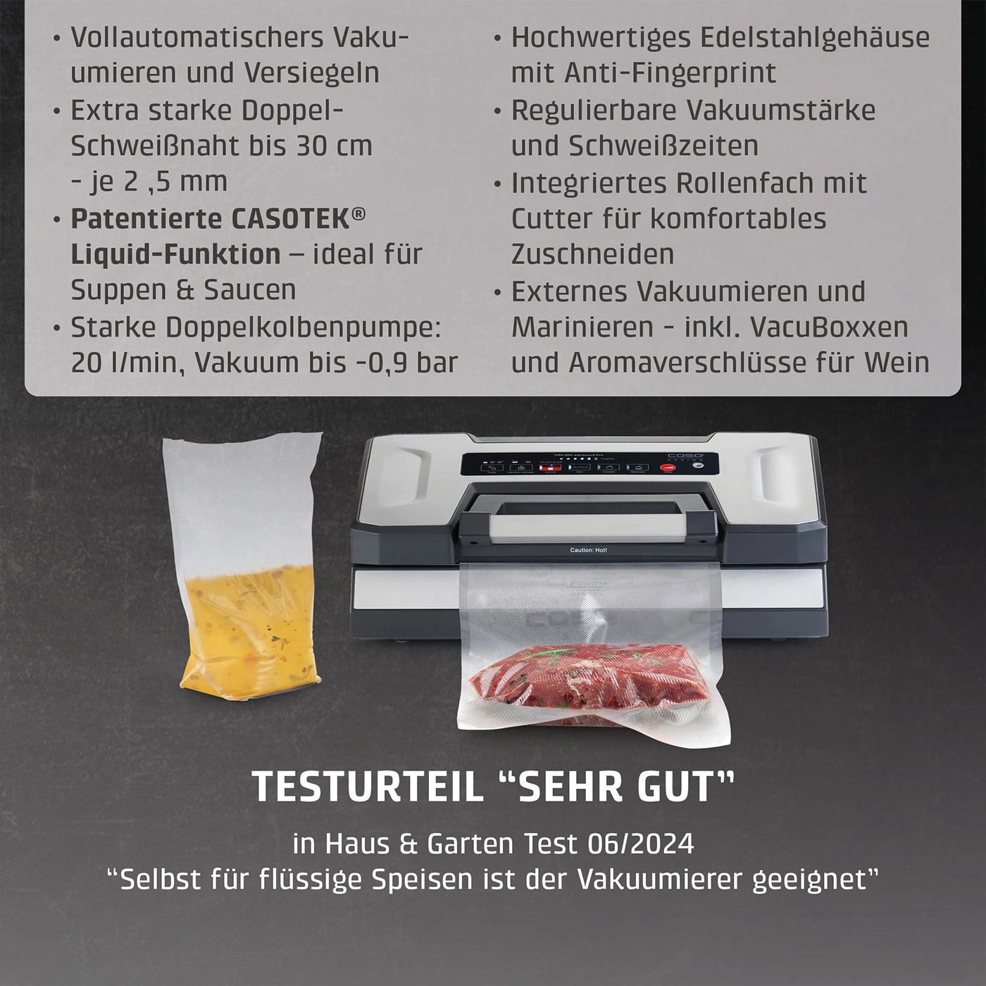 Vakuumiergerät mit Edelstahlgehäuse, Zubehör und Testurteil "Sehr Gut".