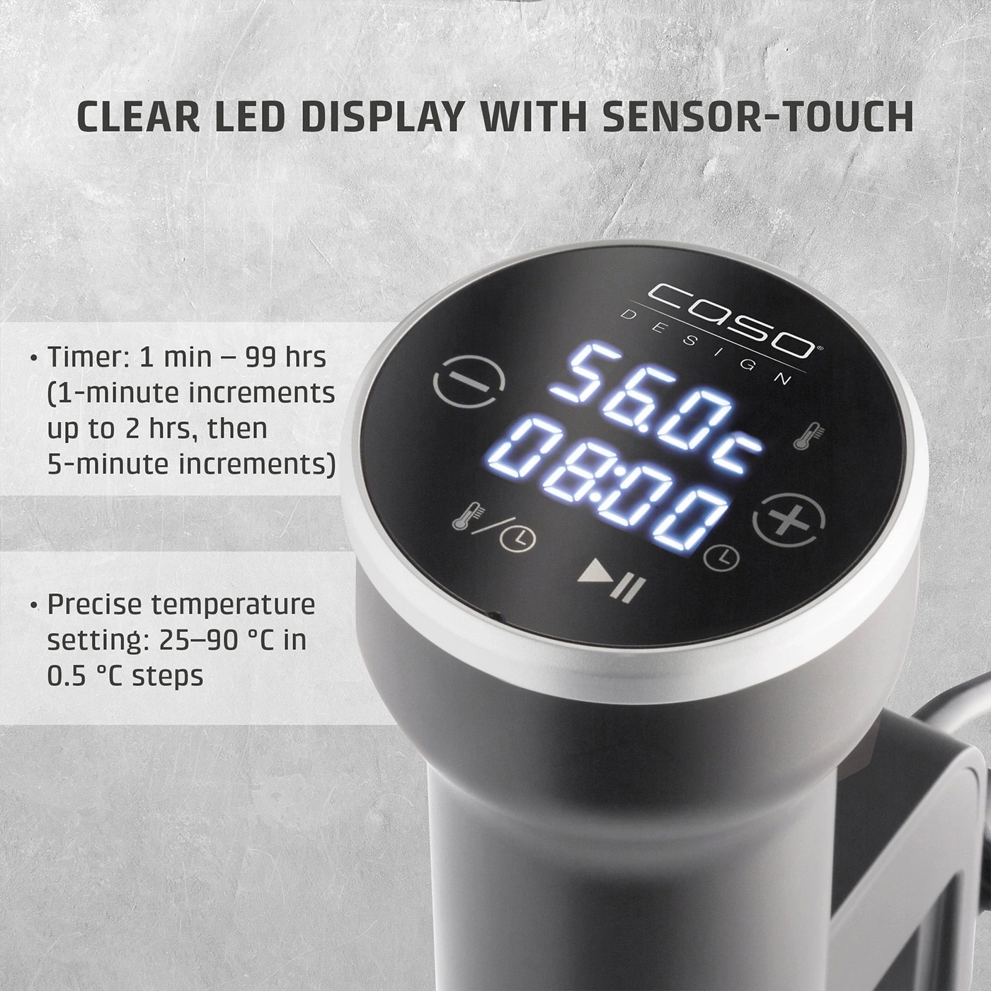 A sous vide cooker with a digital display and touch controls.