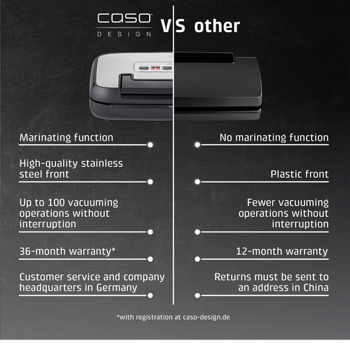 Caso vacuum sealer comparison: Marinier function, stainless steel front, warranty, customer service vs. others.