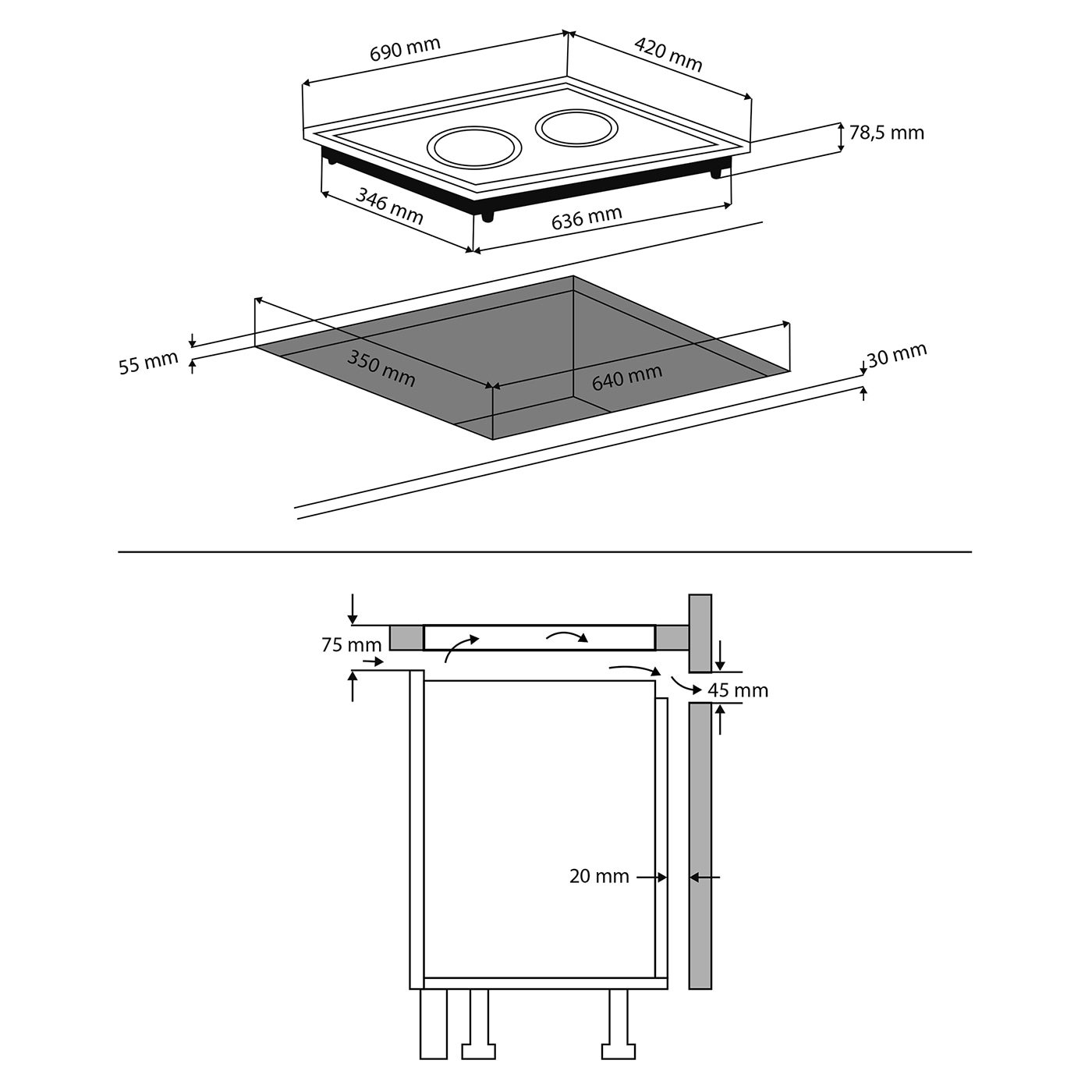 Cooktop with dimensions, installation in a kitchen, detailed drawing with measurements