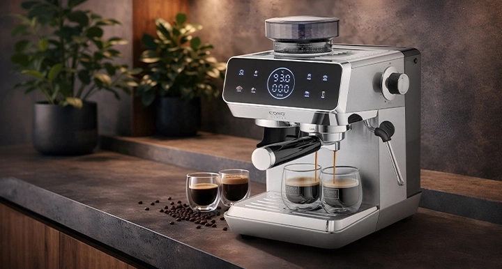 Espressomaschine brüht Kaffee in Gläser auf einer Arbeitsplatte.