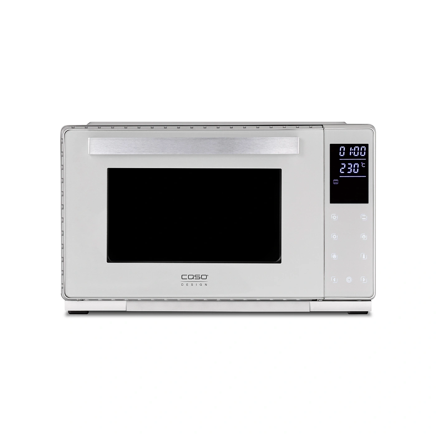 White oven with digital display and control buttons, Caso Design.