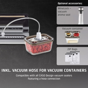 Vacuum sealer with accessories: vacuum container, zip bags, wine bottle stopper.
