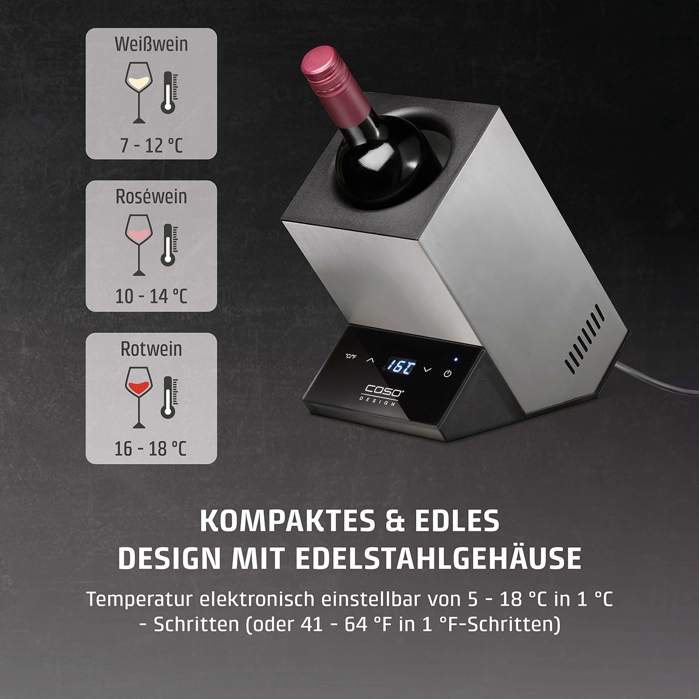 Weinkühler mit Temperaturanzeige für Weiß-, Rosé- und Rotwein.