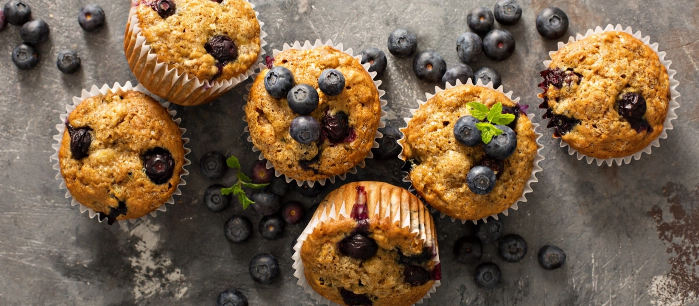 Blaubeermuffins auf grauem Untergrund, mit frischen Blaubeeren und Minze dekoriert.