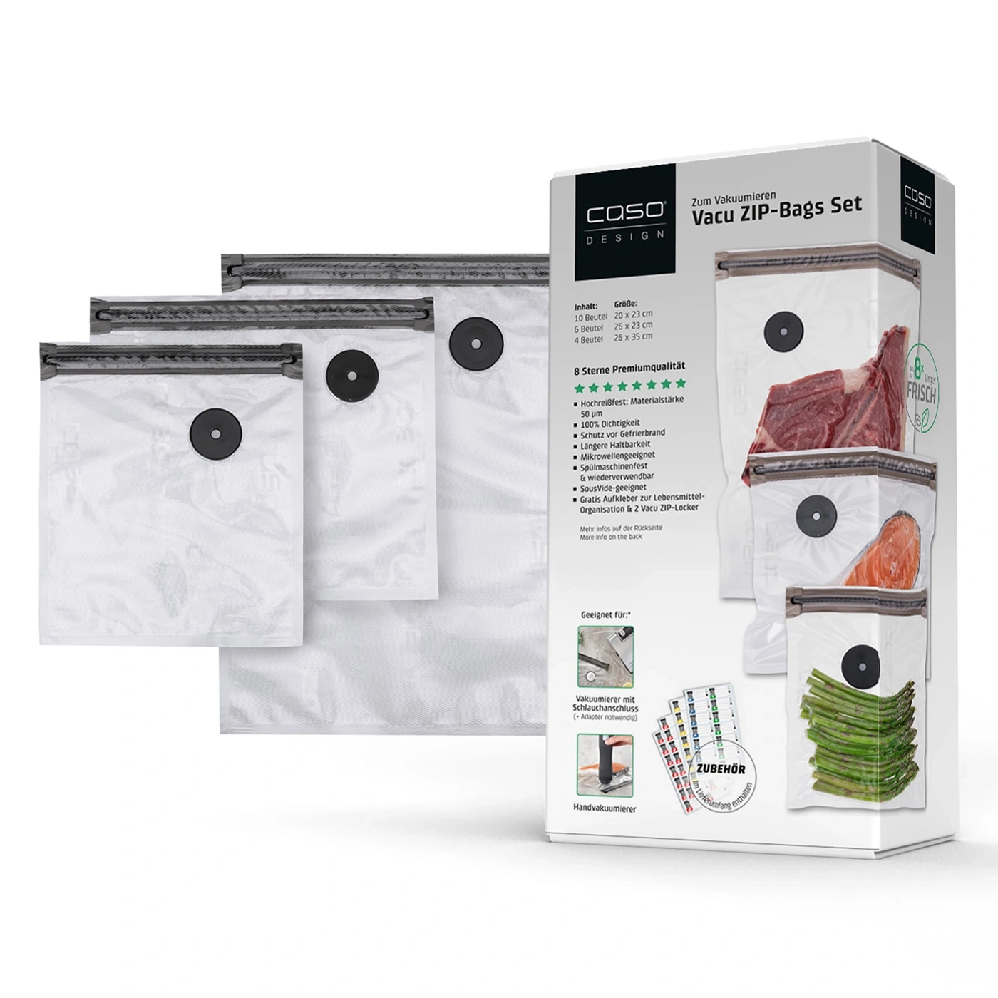Vacu ZIP-Bags-Set, 20 ZIP-Beutel, 150 µm 10 x 20x23 cm, 6 x 26x23 cm, 4 x 26x35 cm,  zum Vakuumieren + Sous Vide Garen