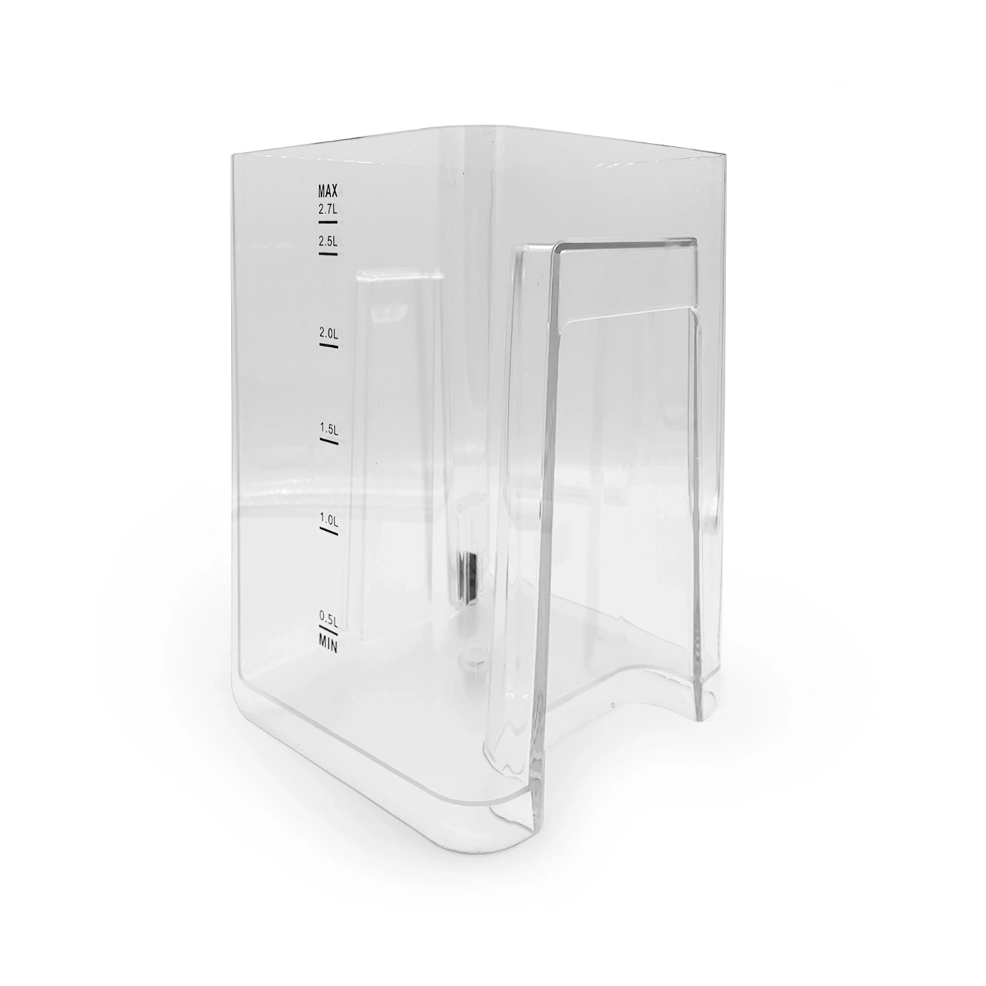 Transparent water tank with measurement scale for liquids, empty, isolated on white background.
