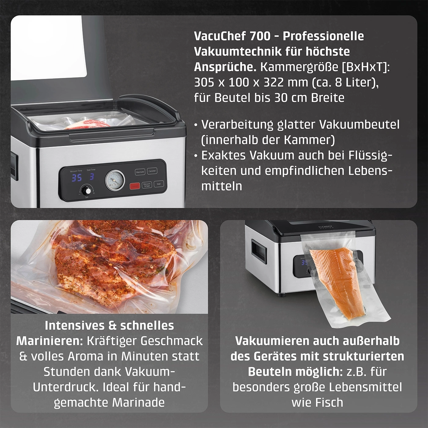 Vakuumiergerät mit Text, das Funktionen und Vorteile hervorhebt, wie Marinieren und Vakuumieren von Fisch.
