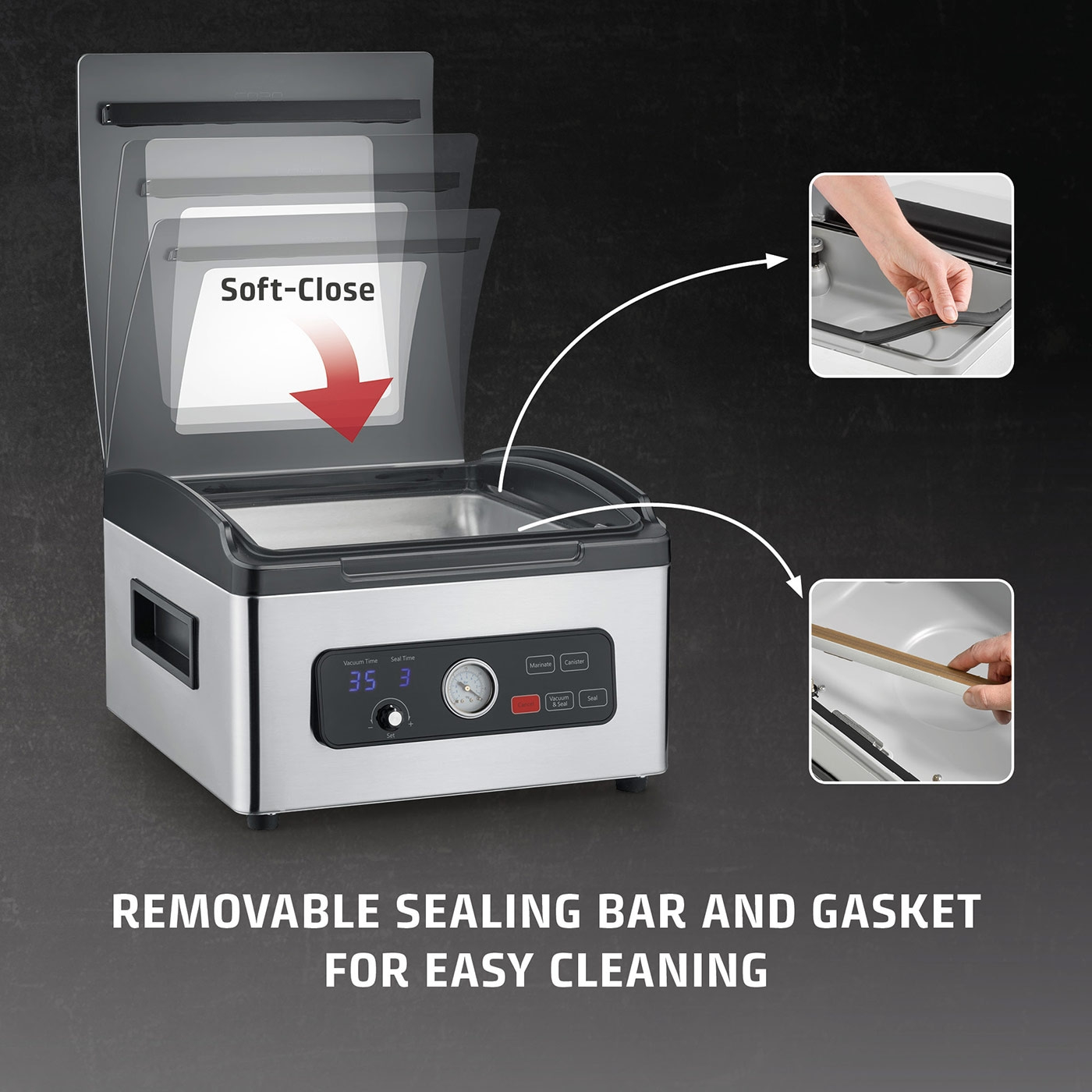 Vacuum sealer with soft-close, removable sealing bar, and seal for easy cleaning.