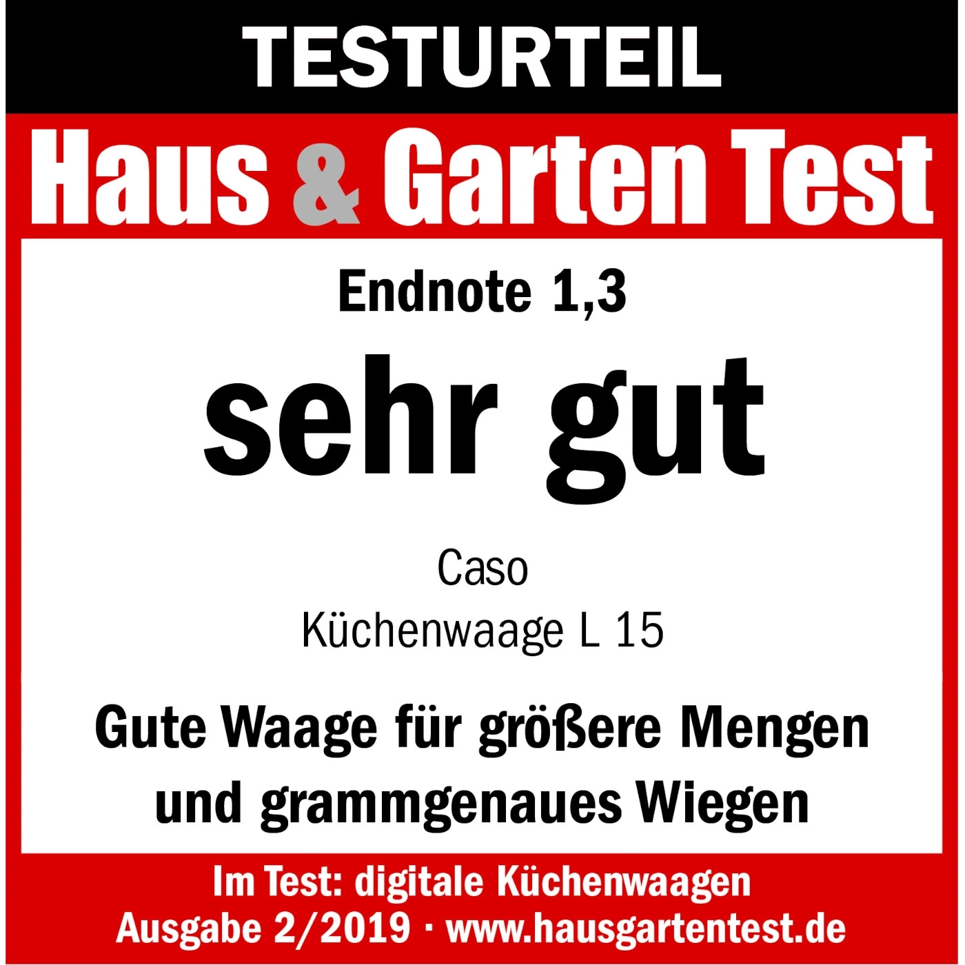 Test result Haus & Garten Test, grade 1.3, very good, Caso kitchen scale L 15, good scale.