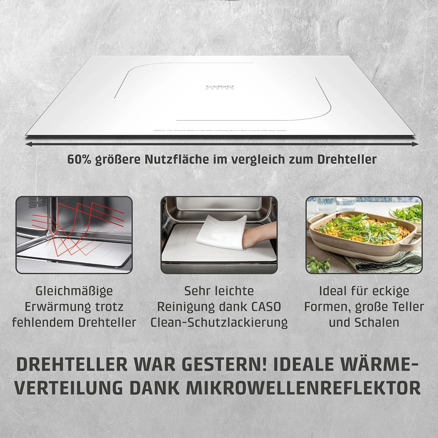 Eine weiße Mikrowellenplatte mit Text und Bildern, die die Vorteile hervorheben.