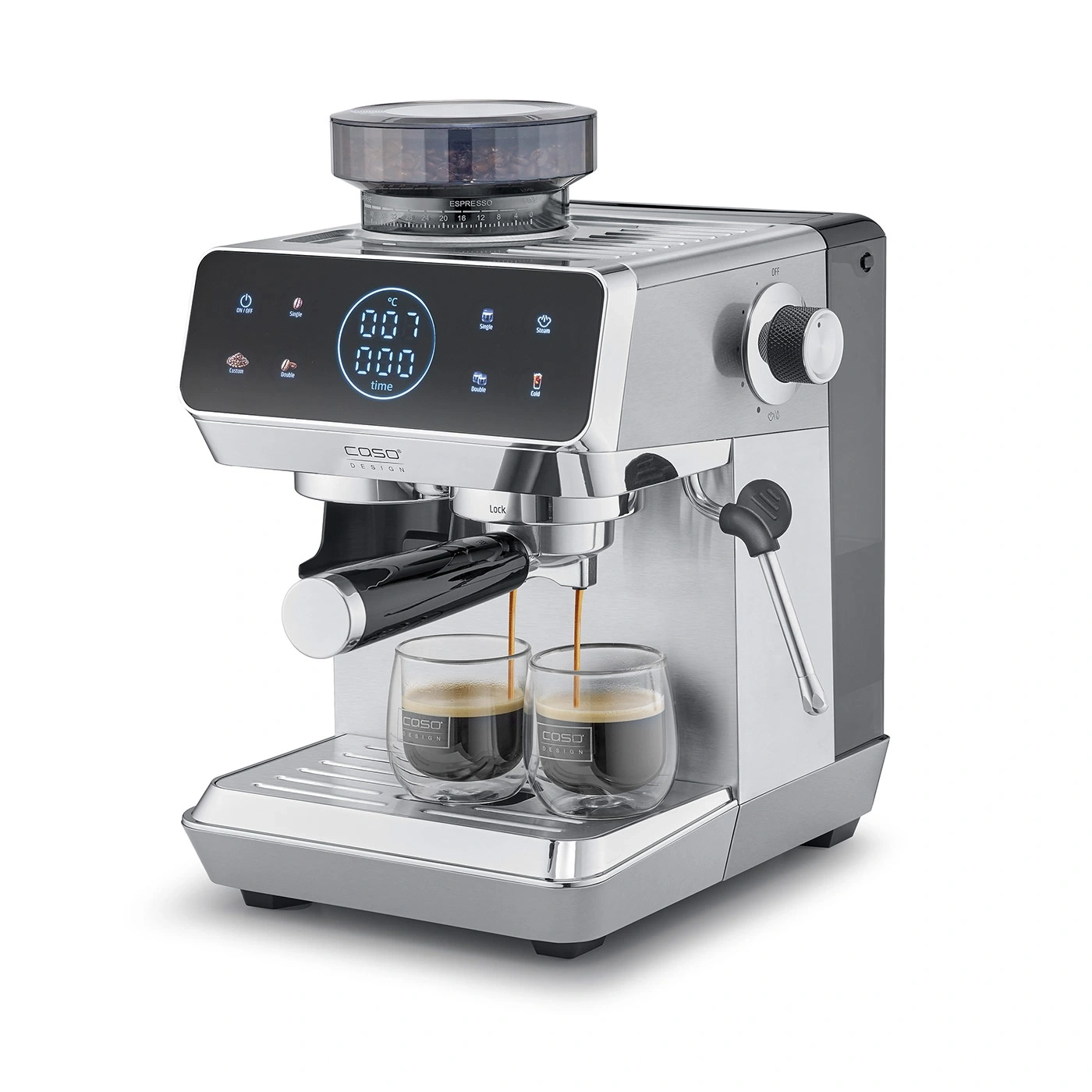 A silver espresso machine with two glasses of espresso and a grinder.
