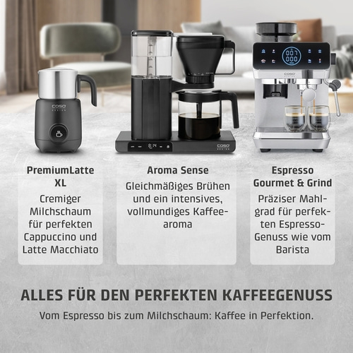 Drei Caso Kaffeemaschinen für perfekten Kaffeegenuss: ein Milchaufschäumer, eine Filterkaffeemaschine und eine Espressomaschine.