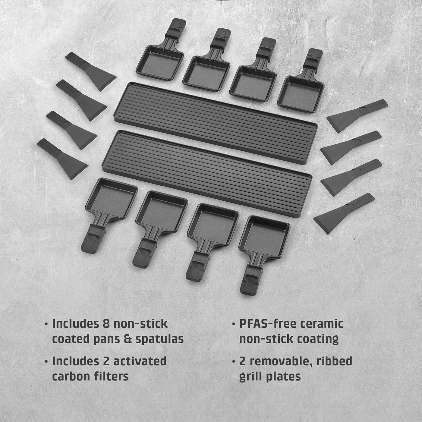 Raclette accessories: pans, spatulas, and grill plates