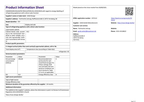 Product data sheet with information on energy consumption and technical specifications.