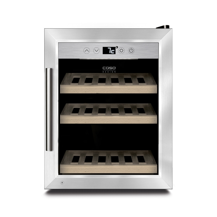 Weinkühlschrank mit Temperaturanzeige und Holzregalen, Edelstahlrahmen