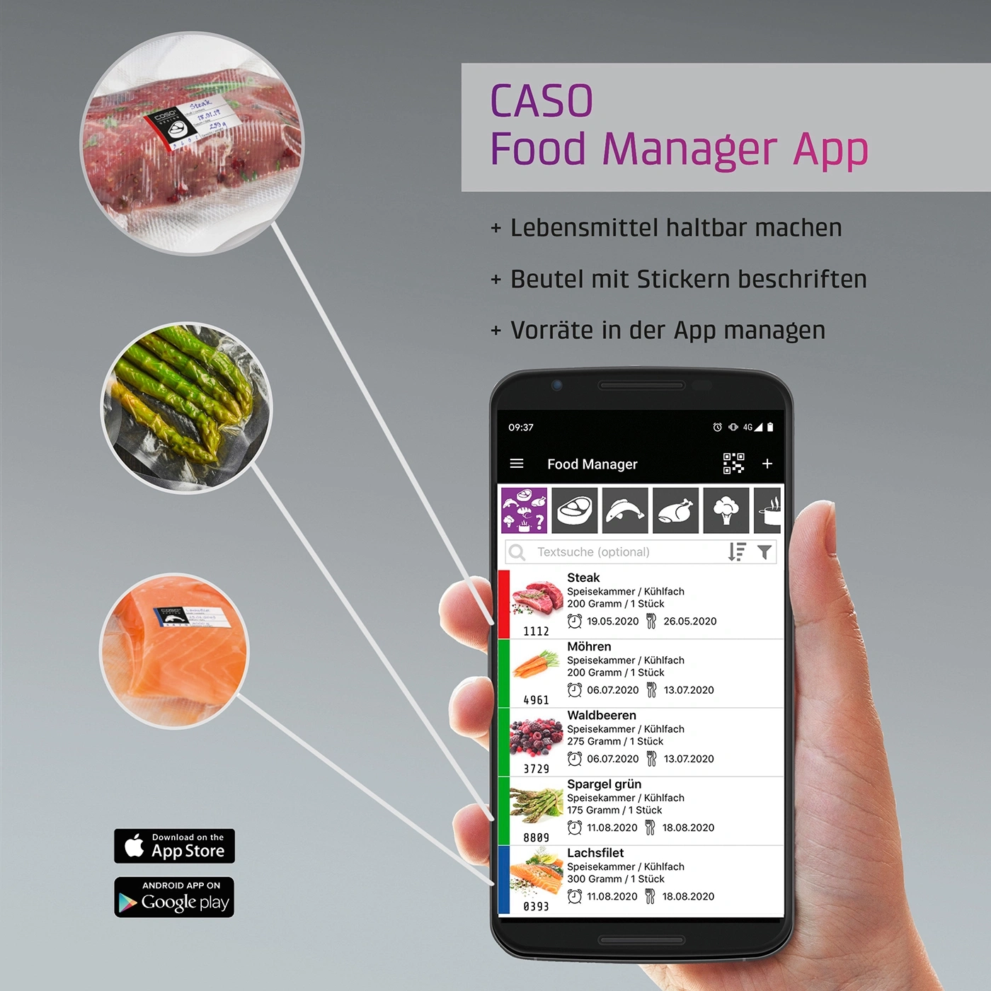 Food Manager app with food items: steak, carrots, berries, asparagus, and salmon fillet.