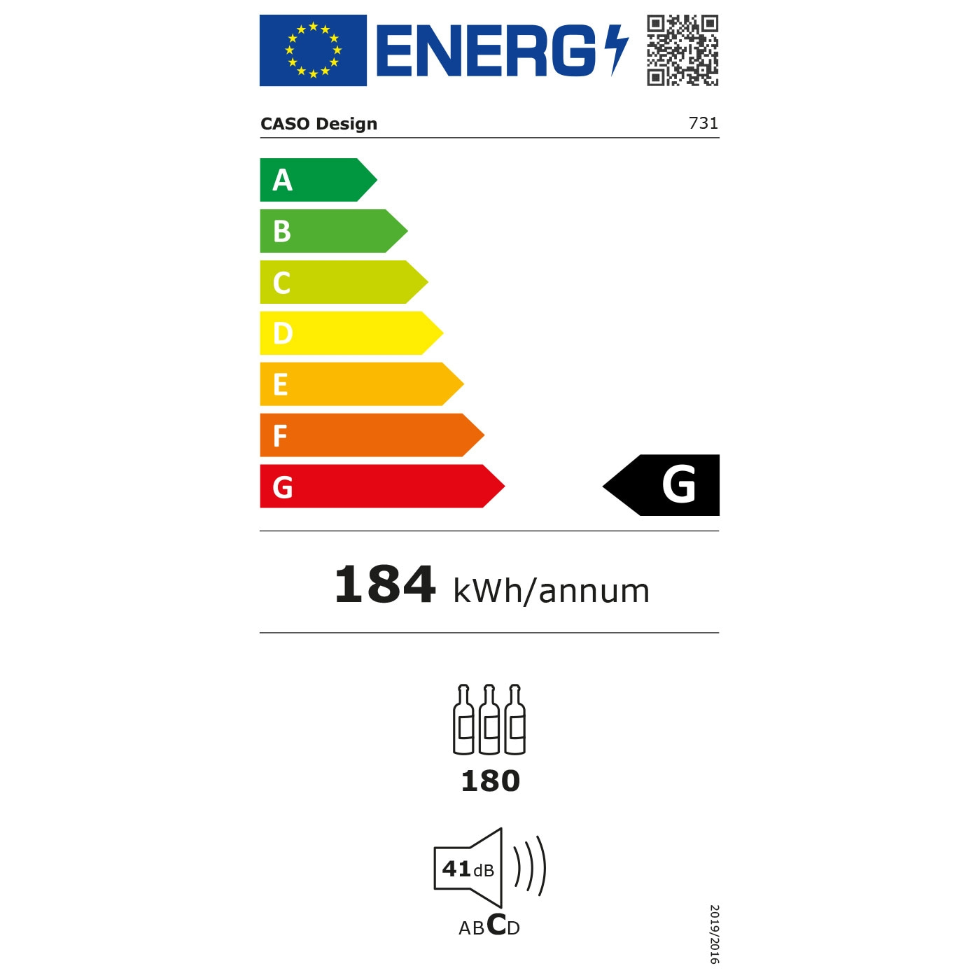 Energieeffizienzlabel für CASO Design, Energieklasse G, 184 kWh/annum, 41 dB