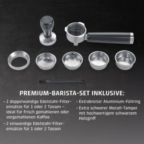 Espressomaschinen-Zubehör-Set mit Tamper, Sieben und Siebträger auf dunklem Hintergrund