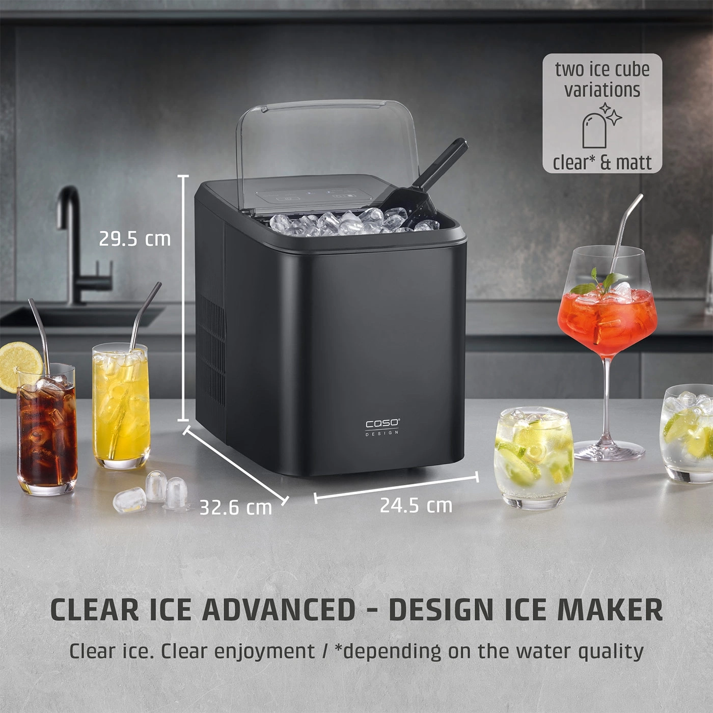 Ice maker with glasses and dimensions on the countertop.