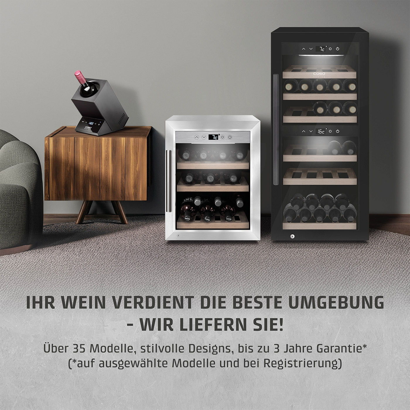 Weinkühler-Anzeige mit Text: Ihr Wein verdient die beste Umgebung - Wir liefern Sie!