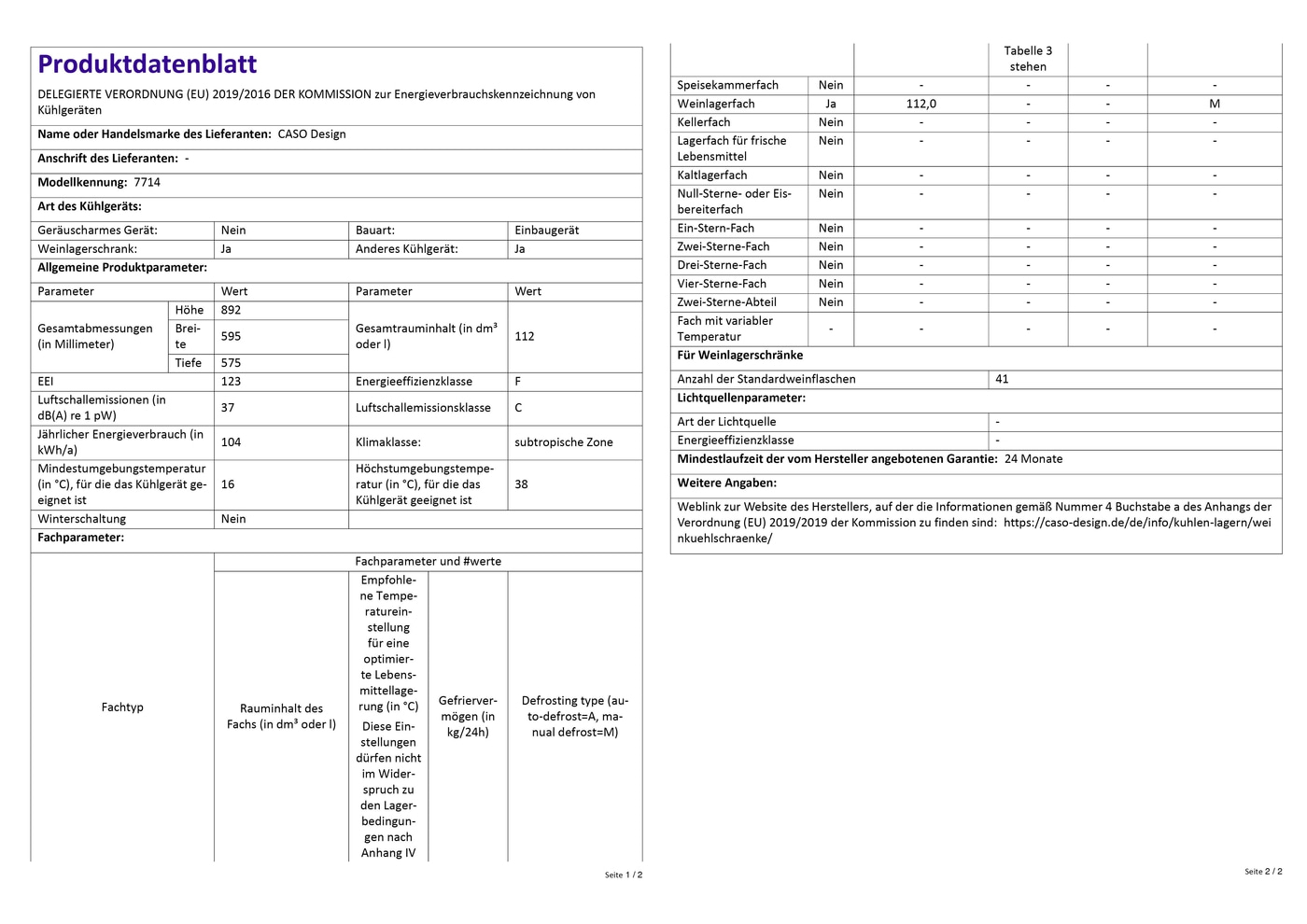 Produktdatenblatt mit technischen Daten von Kühlgeräten, einschließlich Energieeffizienz.