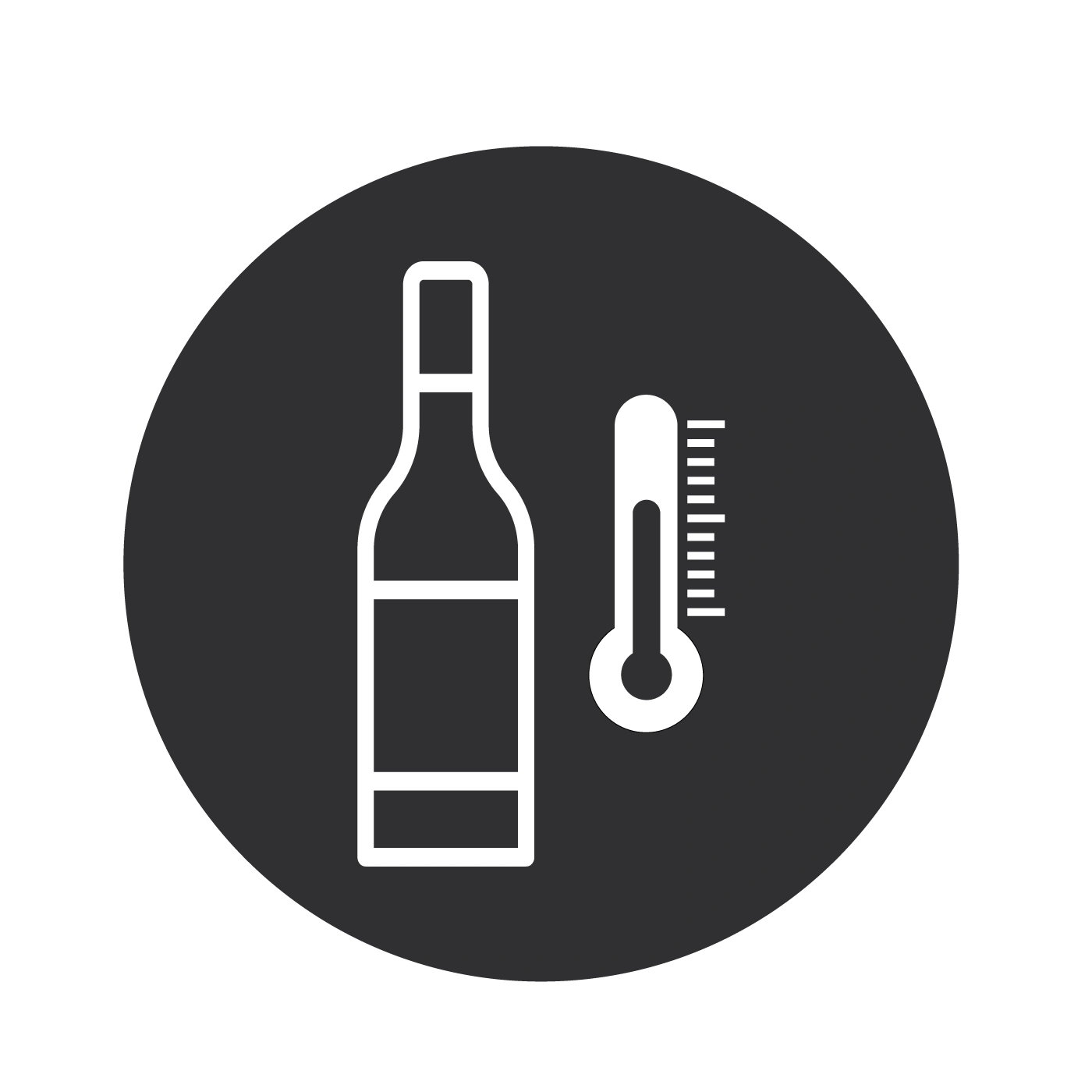 Weinflasche und Thermometer in einem dunklen Kreis, weißes Symbol