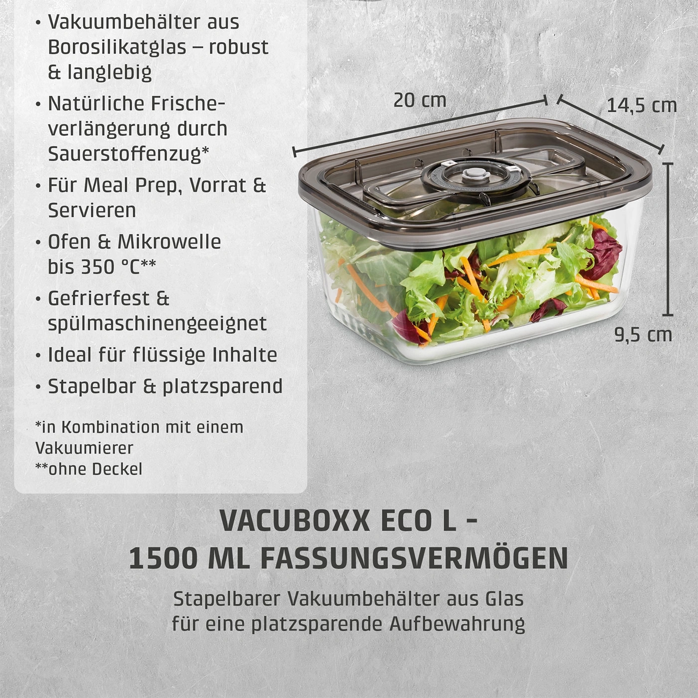 VacuBoxx Eco L Vakuum-Frischebehälter aus Borosilikatglas mit SAN-Deckel