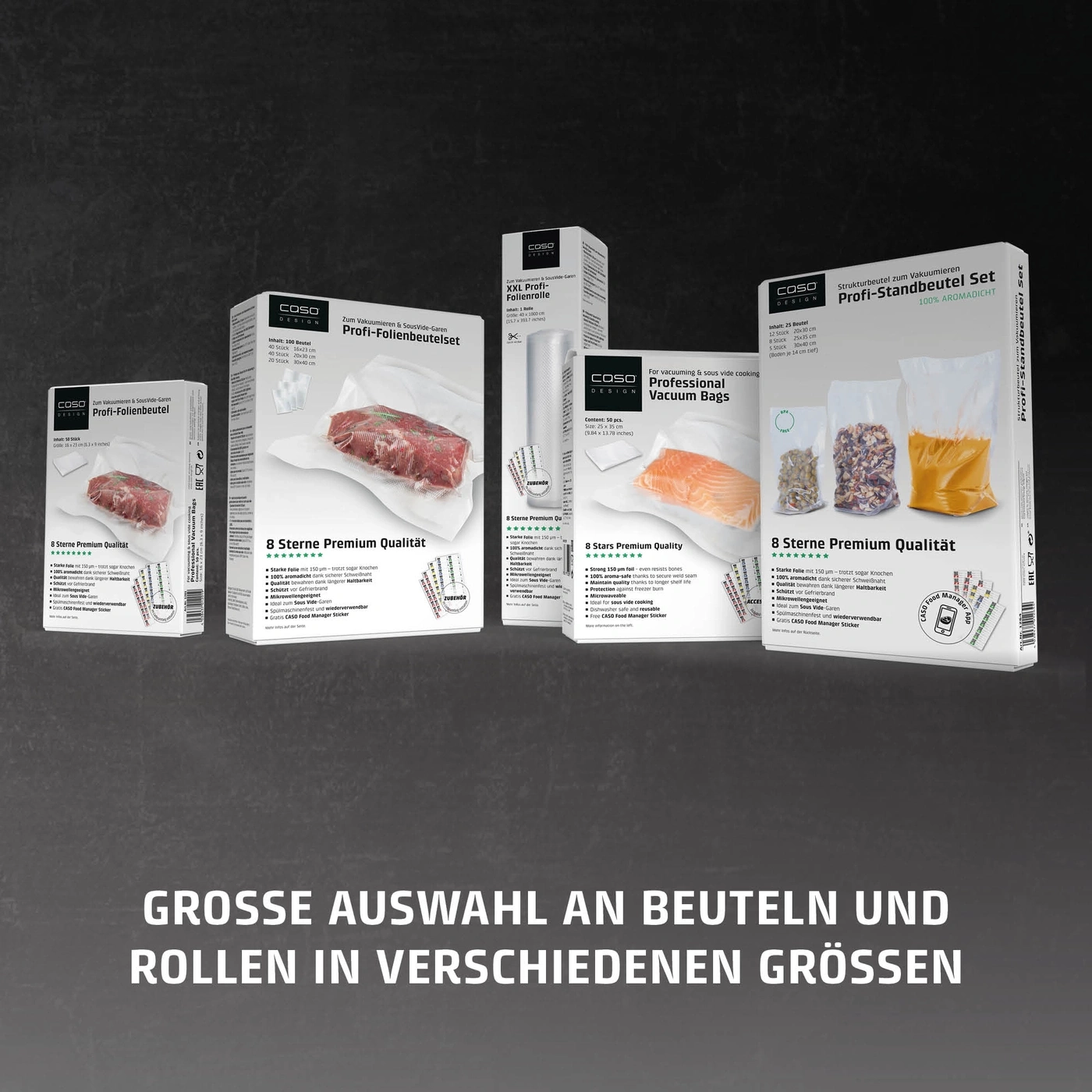 Ein Sortiment von Vakuumbeuteln und Rollen in verschiedenen Größen