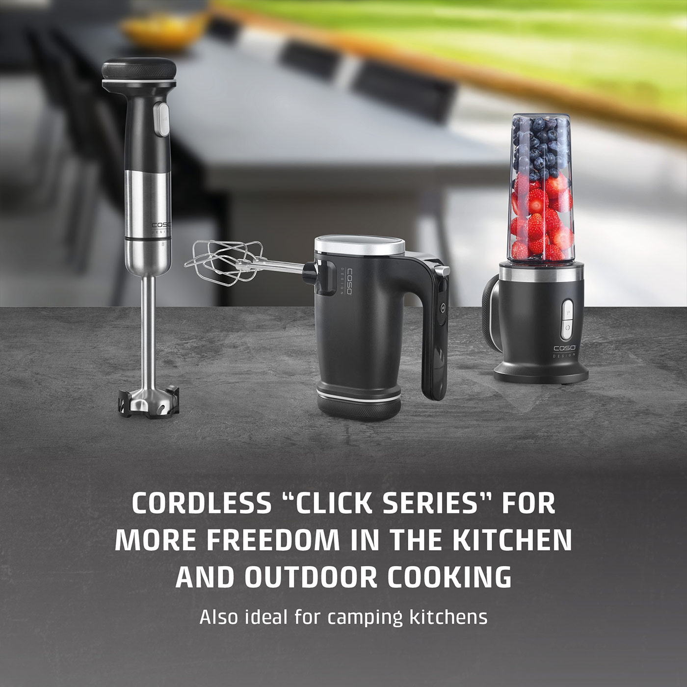 Three kitchen appliances on a gray surface with text: Wireless Click series for more freedom in the kitchen.