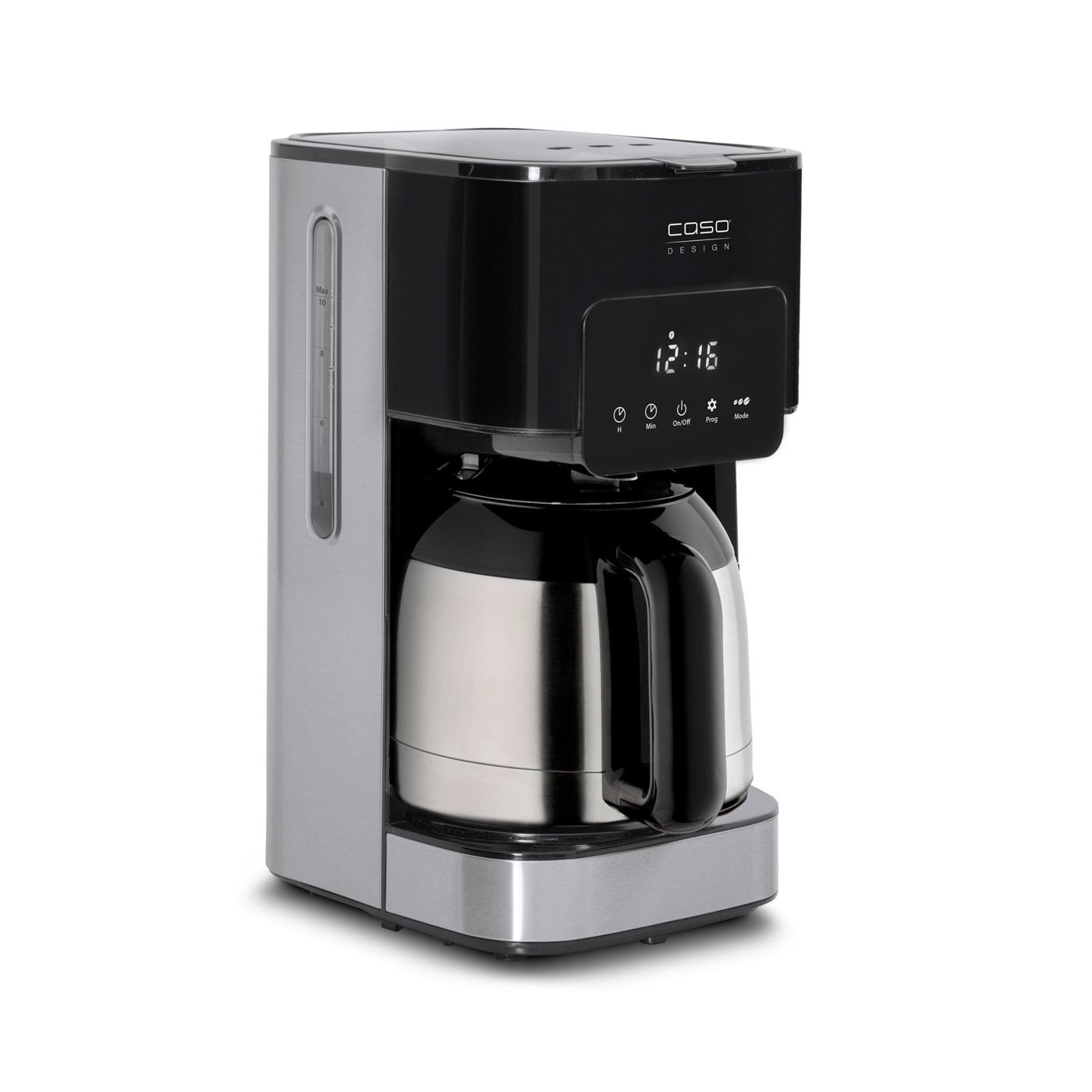 Coffee machine with digital display and thermal carafe, silver and black