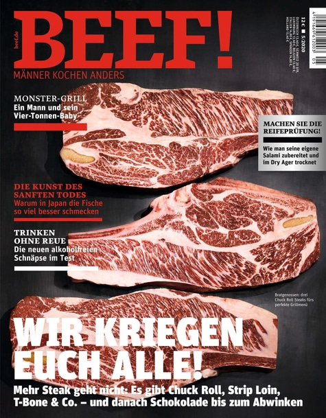 BEEF! Magazin Cover mit Fleisch, Texten, Grillen, Kochen, Steak, und mehr.