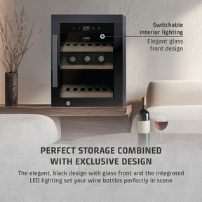 Wine cooler with elegant design, glass front, and interior lighting. Perfect wine storage.