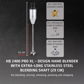Hand blender with accessories, stainless steel, 29 cm mixing rod, for mixing, stirring, pureeing and chopping