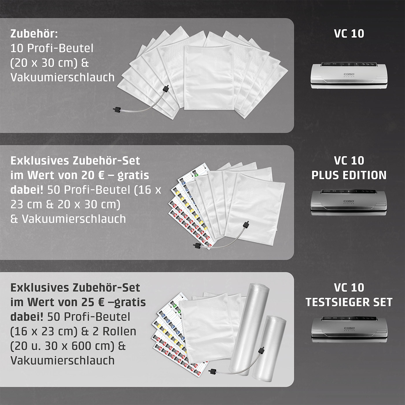 Vacuum sealer accessory sets: VC 10, VC 10 Plus Edition, VC 10 Test Winner Set with bags and hoses.